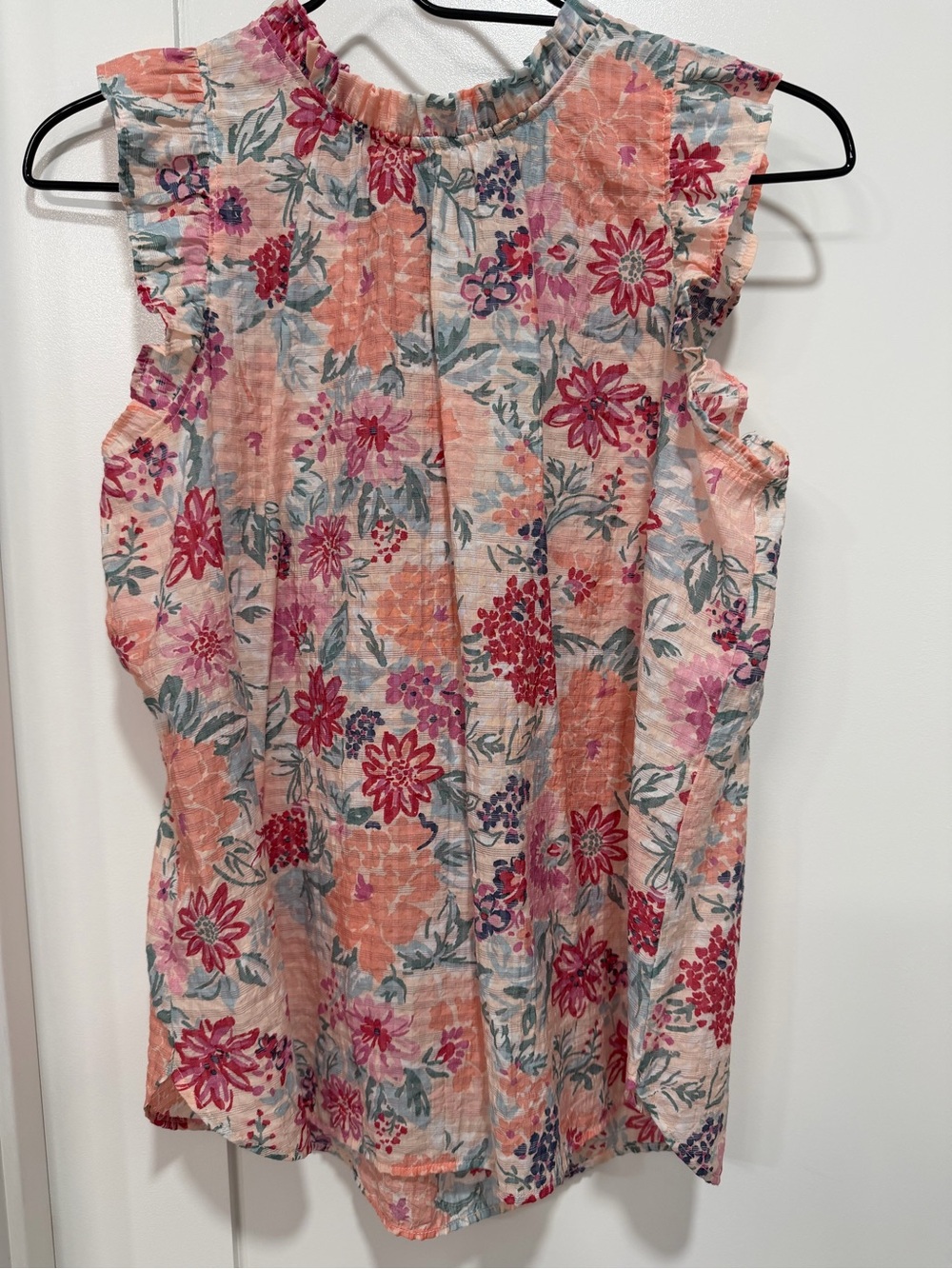 LOFT Peach and Pink Floral Ruffled Shoulder Tank